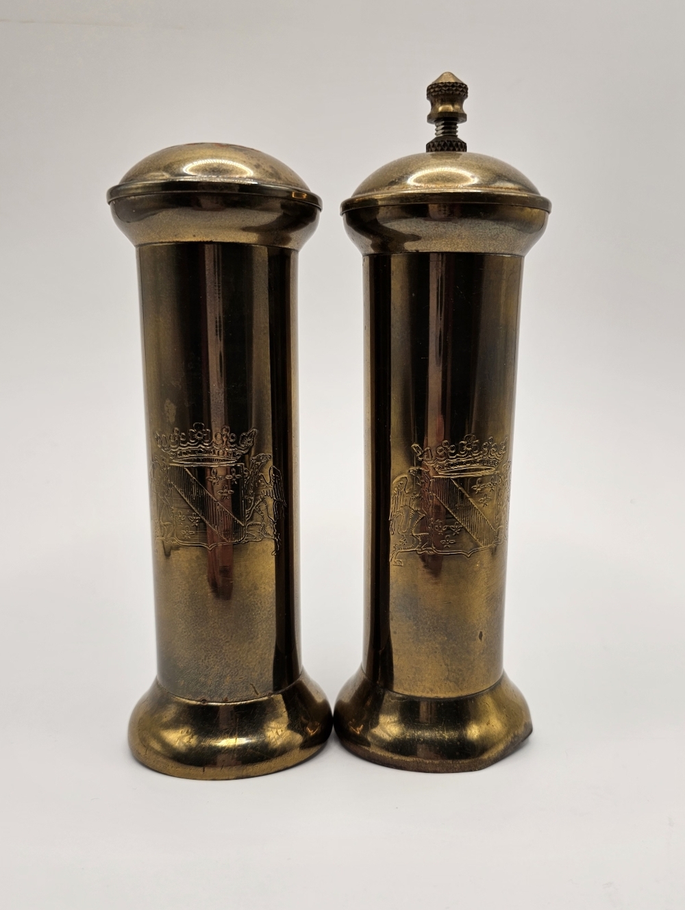 Vintage Brass Salt and Pepper Shaker Set with Crest